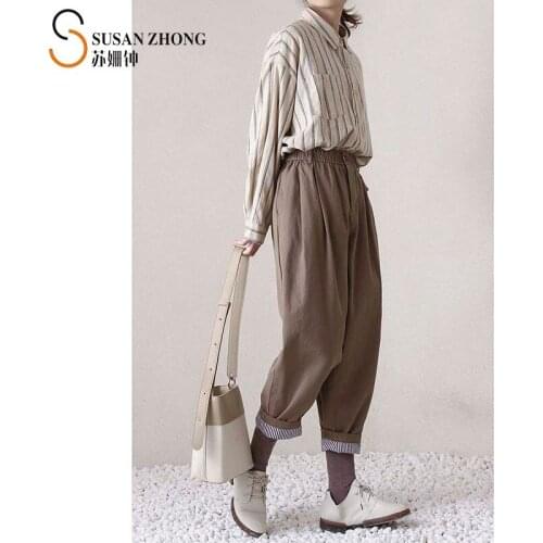 Women Pants Female Trousers Lady Bottom 2021 Spring Natural Normcore Designer Loose Harem Cotton Elastic Waist Pocket Stripe Hem