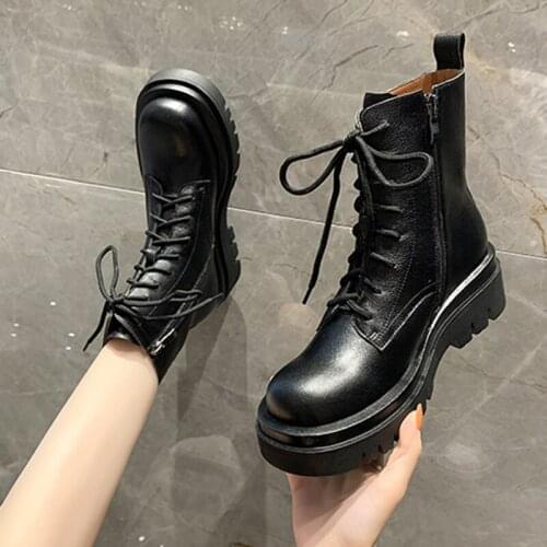 Rimocy Lace Up Platform Motorcycle Boots Women Pu Leather Square Heels Ankle Boots Woman Autumn Winter Warm Short Plush Botas 42