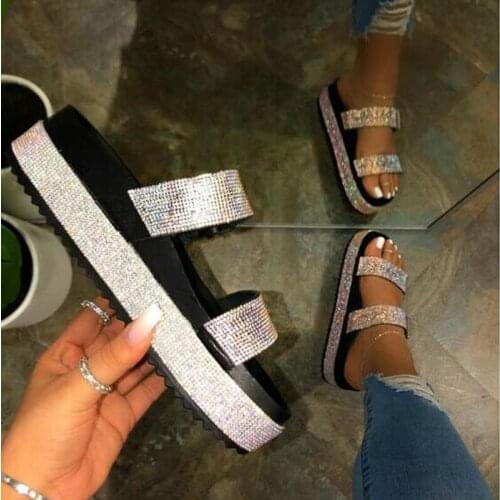 Women Rhinestone Slippers Summer Casual Peep-toe Beach Shoes Double-layer Women Shoes Crystal Diamond Bling Flip Flops