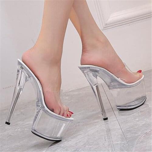 Women Shoes Summer High Heels 17CM Thin Heel Waterproof Platform Sandals Red SlippersTransparent Crystal Shoes Wedding Shoes 42