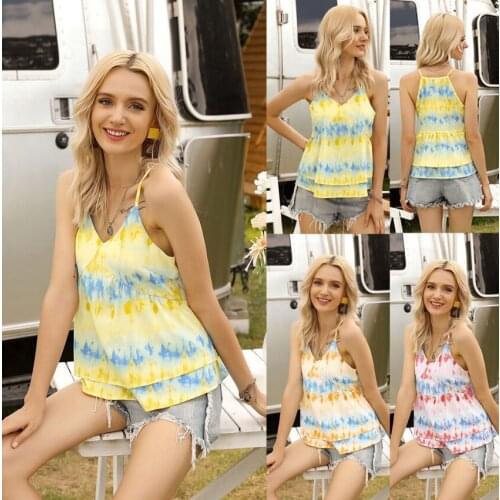 Personality Womens Tie-Dye Printed Sleeveless Camisole Sexy Wild Fashion V-Neck Ruffled Backless Casual Soft Vest