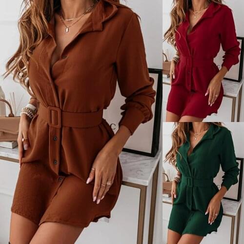 Women Robe Femme Solid Color A-Line Dresses Single-Breasted Belt Turn-down Collar Long Sleeve Dress For Woman Vestido De Mujer
