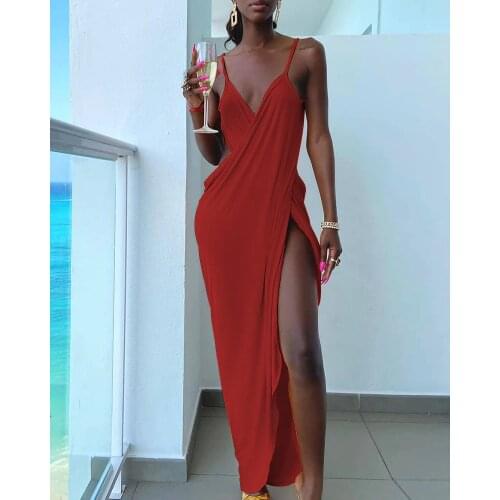 2021 Summer Sexy Ladies Solid V Neck Backless Spaghetti Strap Cross High Slit Womens Party Dress Cocktail Elegant Robes Female