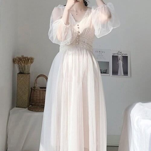 Spring White Dress Elegant Vintage V-neck Chiffon Off Shoulder Dress Long Sleeve Sexy Beach Dresses Women Clothes