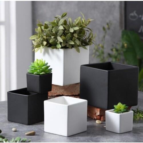 Whiht black Ceramic Flower Pot Modern Square L/M/S Matte Glossy Simple groot planter Home decoration Garden Office
