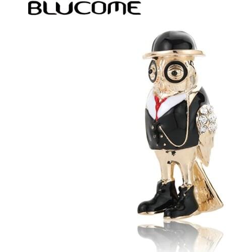 Blucome Vintage Enamel Gentleman Owls Birds Brooches Corsage Gold Color Animal Brooch Collar Clip Lapel Pins Clothes Accessories