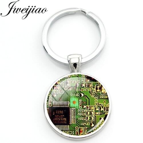 JWEIJIAO Computer Circuit Board Key Chain Keychain Handmade Geometry Glass Dome Pendant Keyring Key Ring Gift Custom QF01