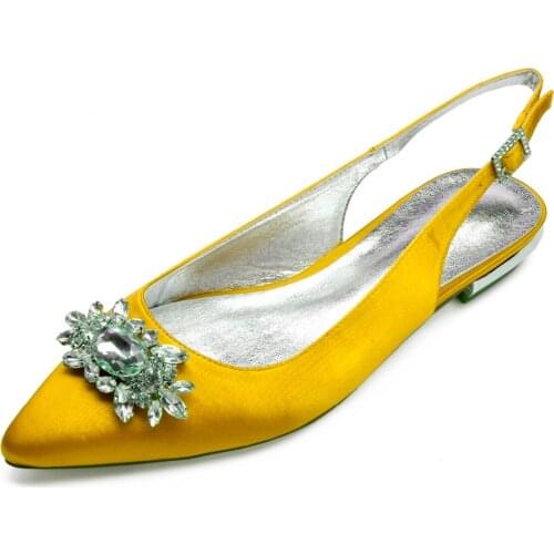 Creativesugar slingback pointed toe flats with crystal brooch lady satin evening dress shoes bridal wedding prom yellow navy