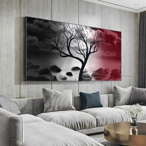 Natural Black and Red Tree Stone Landscape Canvas Painting Scenery Posters and Prints Wall Art Picture For Living Room Decor