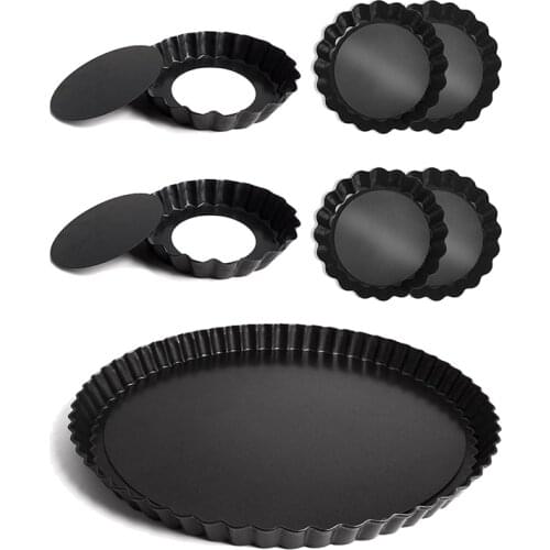 Tart Pan,1 Pcs 9 Inch Pie Pan and 6 Pcs 4 Inch Quiche Pan with Removable Bottom and Non-Stick,Fluted Quiche Pie Pan