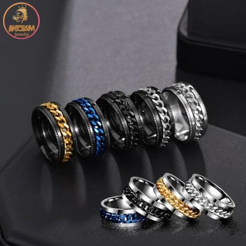 Akizoom 8mm Vintage Punk Rock Men Spinner Chain Rotatable Ring Stainless Steel Band Rings For Women Male Party Gift Anillos