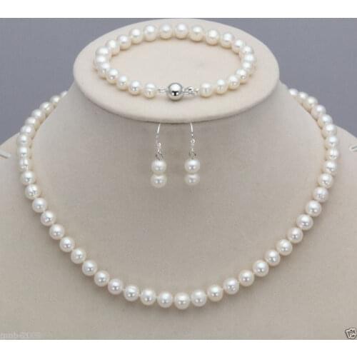 Real 7-8mm Natural White Akoya Cultured Pearl Necklace Bracelet Earring Set