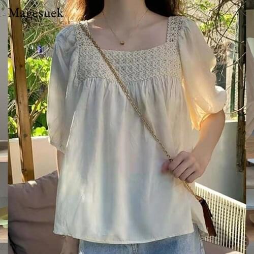 Summer New 2021 Hollow Crochet Bubble Sleeve Square Collar Doll Shirt Korean Loose Apricot Top Plus Size Women Blusa Mujer 14060
