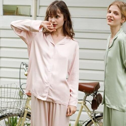 Autumn 2021 New Lapel Satin Women Pajamas Long Sleeve Trousers Suit Ladies Simple Solid Color Home Service 2 Piece Set Sleepwear