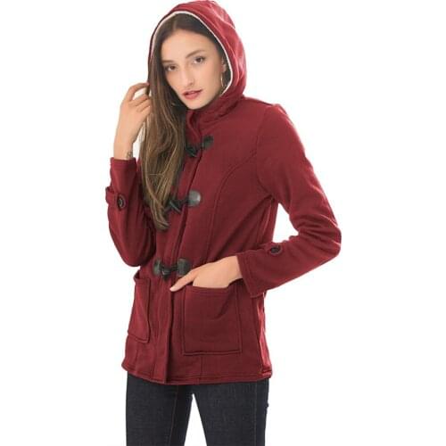 Plus Size Winter Fashion Women Solid Color Horn Buckle Hooded Long Sleeve Coat 2020