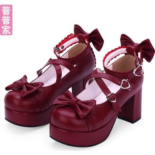 Round head shallow mouth Lolita shoes bow high heel princess lace Kawaii Girl Tea Party Bowknot Princess Kawaii Girl Women Shoes