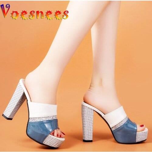 Voesnees Mixed Colors Square Heel Slipper 2021 Summer New Thick-Soled Women Shoes Platform Sandals Fashion Fish Mouth High Heels