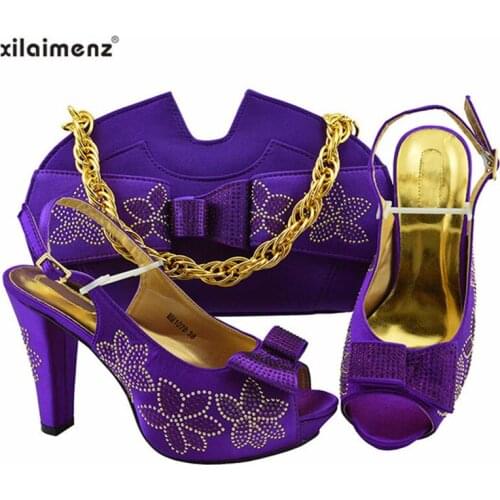 High Quality Purple Color Fashion Rhinestone Woman Shoes And Matching Bag Set African Style Pumps Shoes And Bag Set For Party