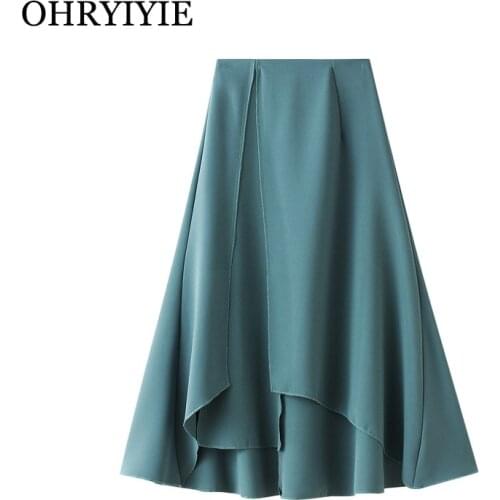 OHRYIYIE Green Black Irregular Skirt Women 2021 Spring Summer Fashion High Waist A-Line Skirts Female Solid Color Casual Skirt