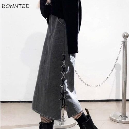 Skirts Women Design Harajuku Empire Teenagers All-match Vintage Ladies Denim Stylish Gray Aesthetic Criss-cross Charm Boyfriend