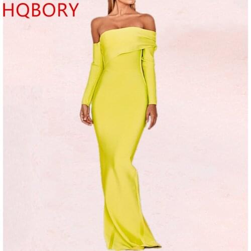 Yellow Slash Neck Off Shoulder Floor Length 2019 New Celebrity Party Bodycon Sexy Open Fork Winter Women Long Bandage Dress