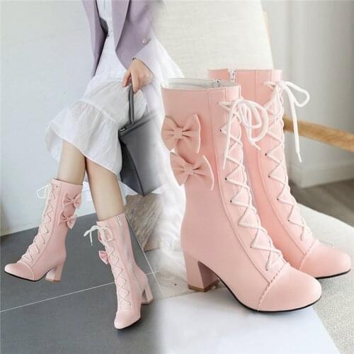 YQBTDL 2020 Autumn Fashion Princess Lolita Wedding Party Shoes Cross Tied Bow Design White Pink Mid Long High Heels Boots Female