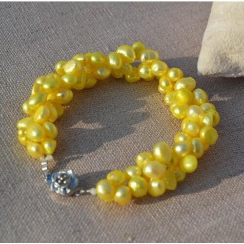 Stunning Pearl Jewelry,AA 6-7MM 8 Inches Yellow Color Baroque Shape 100% Real Freshwater Pearl Bracelet , Flower Clasp
