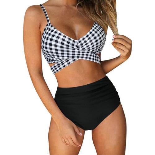 Sexy Plaid Bikini 2021 Women Crisscross High Waisted String Floral Printed 2 Piece Bathing Suit Bandeau Swimsuit Bañadores Mujer
