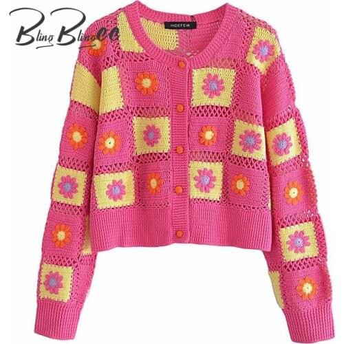 BlingBlingee Za 2021 Autumn Woman Traf Crop Tops Patchwork Flowers Crocheted Knit Cardigan Single Breasted Casual Loose Sweaters