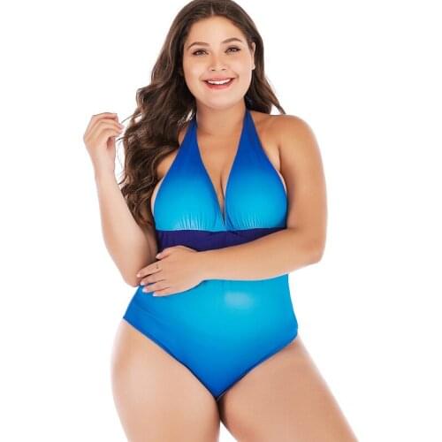 Blue Gradient One Piece Swimming Suit For Women Halter Top High Waist Large Swimwear 2020 Plus Size Bathing Suits Femme Biquini