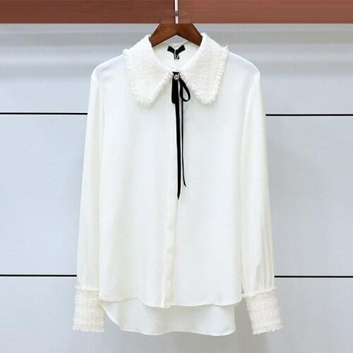 2020 autumn new womens dress temperament versatile wool collar bow single breasted chiffon shirt top m16c0103