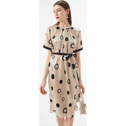 100% Mulberry Silk Dot Print Short Sleeve Spring Dress O Neck A Line Women Summer Dress Vintage Party Midi Vestidos