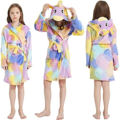 Winter Flannel Soft Kigurumi Rainbow Unicorn Pajamas Girls Bathrobe Children Sleepwear Nightwear Homewear for Kids Bath Robes
