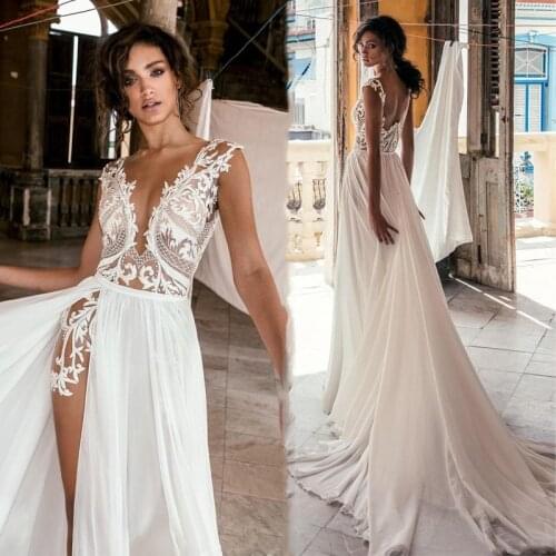 9980#Sexy A Line Boho Wedding Dress With High Split Deep V Neck Illusion Lace Applique White Beach Bridal Gowns Vestido De Noiva