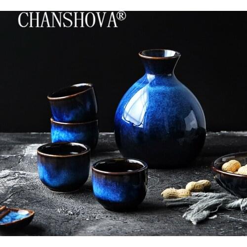CHANSHOVA Blue Color Glazed Ceramic 5-piece set Wine cup home bars shot glasses Sake set teacup China Porcelain H324