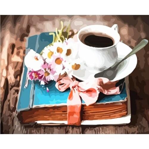 Painting By Number 40X50 50x65CM Books and coffee Still Life Wall Art Gift DIY Pictures By Numbers Canvas Kits Home Decoration