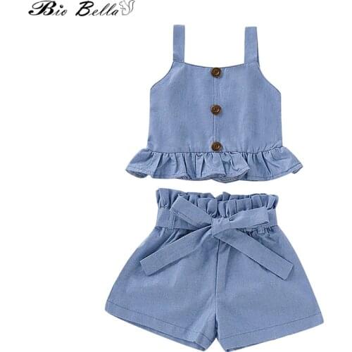 Kids Girls Summer Clothing Set Newborn Clothes 2pcs Blue Tops Vest Rose+Stap Shorts Cool Breathable Children Suits