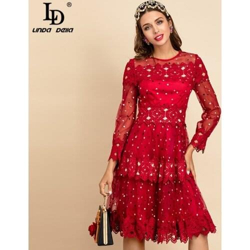 LD LINDA DELLA New 2021 Summer Fashion Runway Elegant Red Dress Women Long Sleeve Mesh Embroidery Overlay Vintage Party Dress