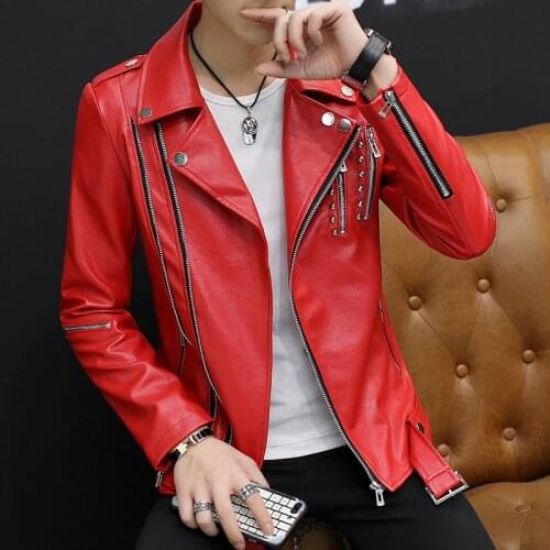 2021 mens rivet lapel leather jacket youth motorcycle autumn slim fit new handsome short leather jacket with diagonal zipper