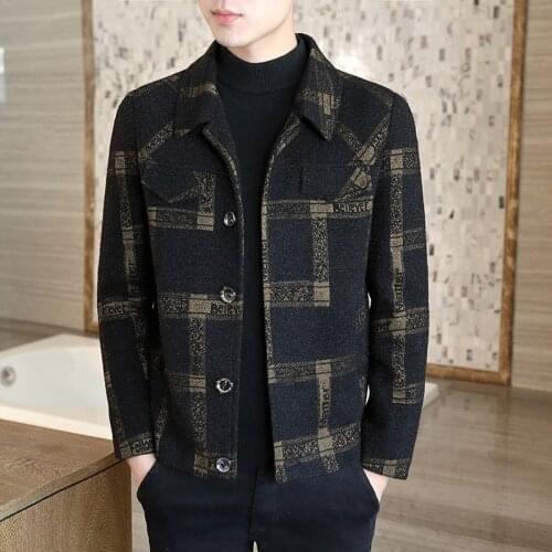 Mens woolen plaid short jacket tops 2021 new mens autumn and winter fashion casual lapel slim-fitting woolen trench coat S-4XL