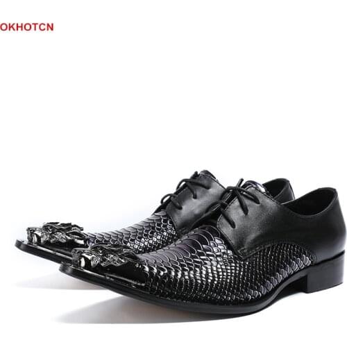 Genuine Leather Men Metal Toe Lace Up Shoes Black Dragon Toe Formal Shoes Men Snakeskin Print Cow Leather Zapatos Hombre Vestir