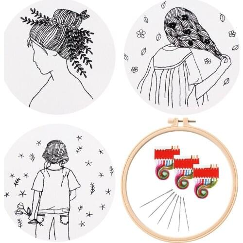 3 Pcs Girl Embroidery Kit for Beginners, Modern Embroidery Starter Kits, Gift Embroidery Set, Craft Kit, English Description