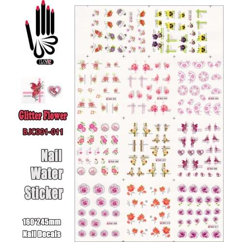 11 Sheets/Lot Nail BJC001-011 Glitter Beauty Flower Nail Art Sticker Water Decal for Nail Tattoo(11 DESIGNS IN 1)