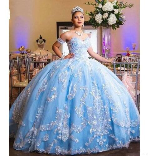 Sky Blue Prom Quinceanera Dresses Cheap Ball Gowns 2019 Strapless Corset Back Lace Applique Tiered Skirt Tulle Sweet 15 Gowns