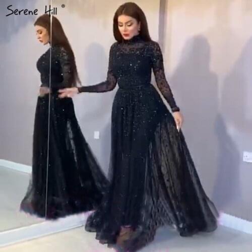 Serene Hill Latest Design Black High Collar Evening Dress 2020 Long Sleeves Sequined Luxury Sexy Formal Party Wear Gown CLA70066