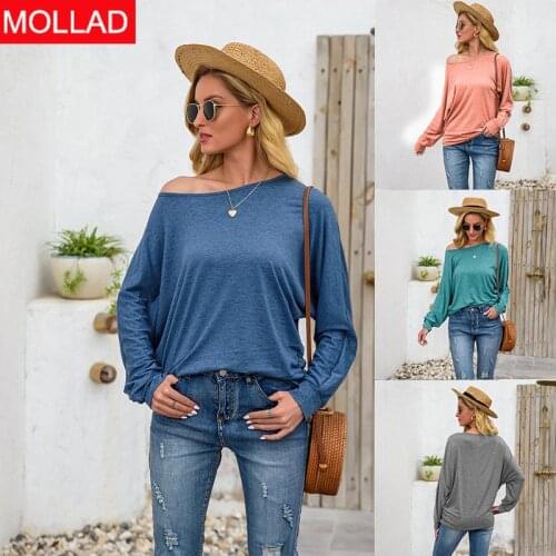 2021 Spring and Summer New Womens round Neck Solid Color Loose Slimming Long Sleeves Women