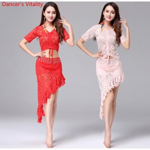 New Fashion Women Short sleeve Belly Dance Costume Lace 2 Piece Set(Top+skirt) Practice Suit Free Shipping