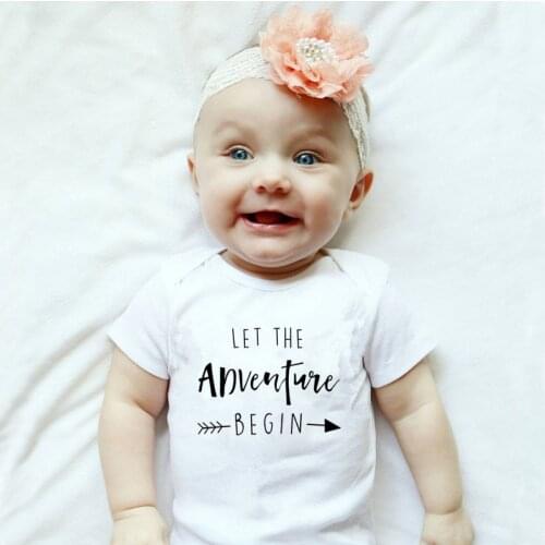 Newborn Baby Clothes Short Sleeve Girl Boy Clothing Let The Adventure Begin Design Cotton Costumes White Baby Bodysuit Romper