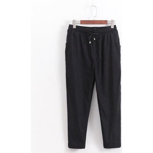 Plus size XL-4XL women OL cotton linen high waist harem pants bow tie drawstring elastic waist pockets casual trousers pants