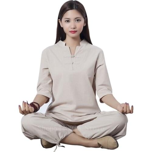 Traditional Chinese Kung Fu Clothing Set for Woman Solid Linen Exercise Tai Chi Wushu Yoya Uniform Wing Chun Performance Costume